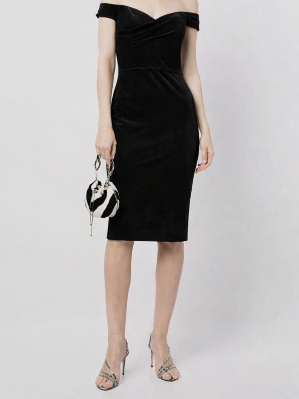 Marchesa Notte Black Velvet Knee Length Off Shoulder Pencil Dress NWT Size 6